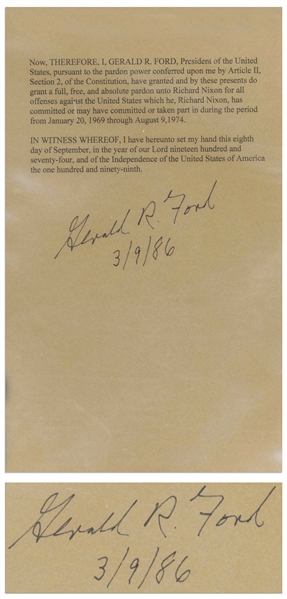 Gerald Ford Signed Souvenir Pardon of Richard Nixon -- Encapsulated by Beckett